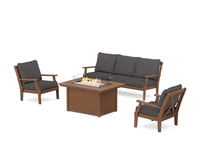 POLYWOOD® Braxton Deep Seating Fire Pit Table Set in Teak / Ash Charcoal