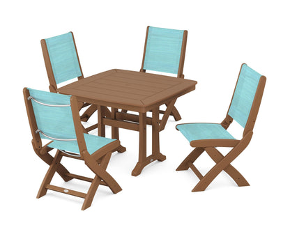 POLYWOOD® Coastal Folding Side Chair 5-Piece Dining Set with Trestle Legs in Teak / Dupioni Aquamarine Sling