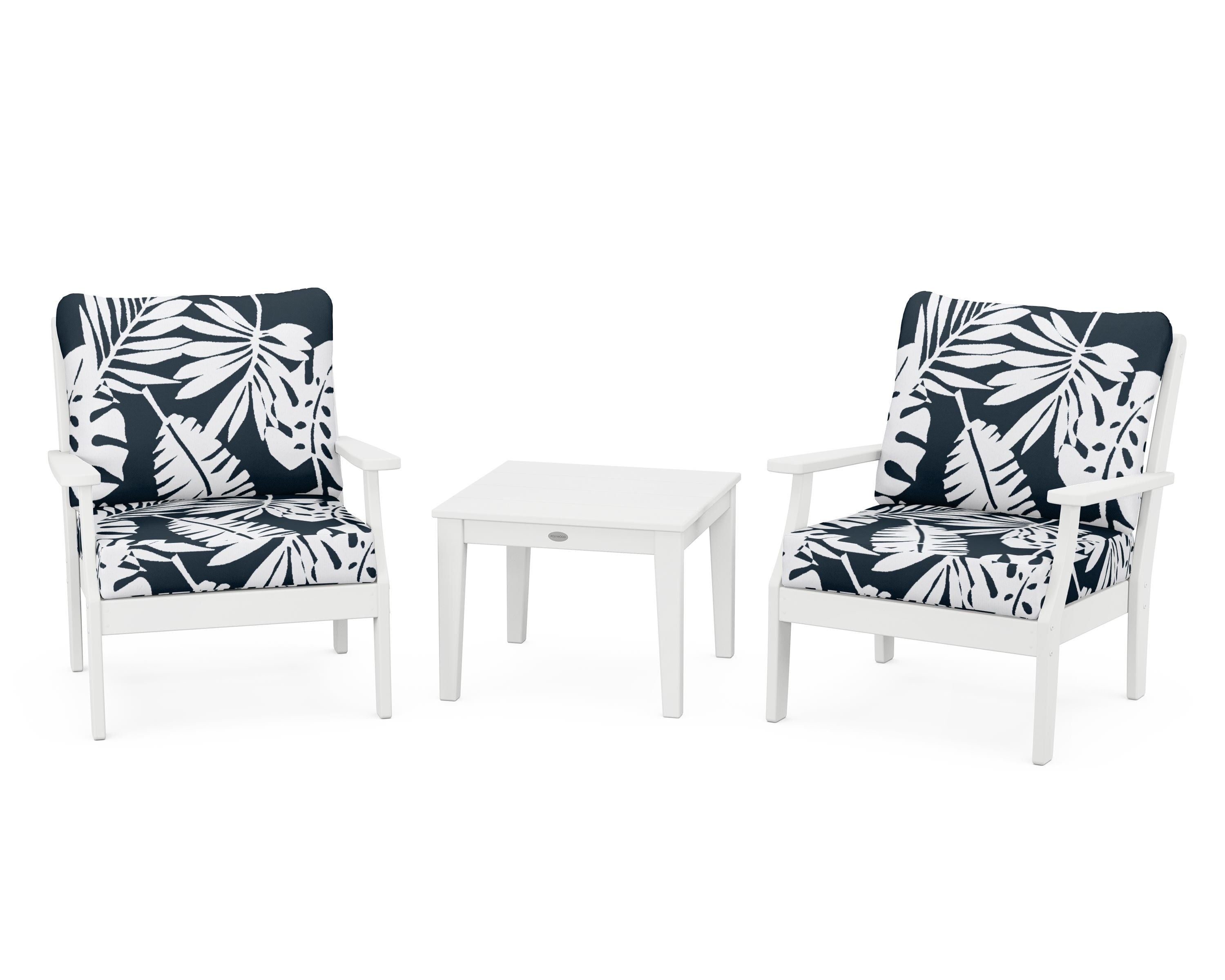 POLYWOOD® Braxton 3-Piece Deep Seating Set in White / Leaf Marine Indigo