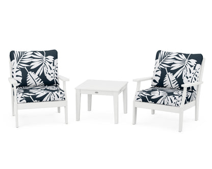 POLYWOOD® Braxton 3-Piece Deep Seating Set in White / Leaf Marine Indigo