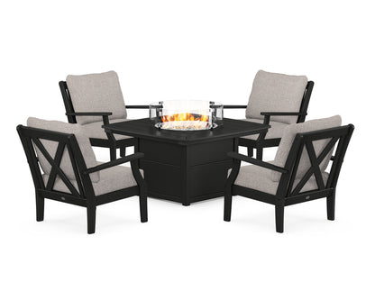 POLYWOOD® Braxton 5-Piece Deep Seating Conversation Set with Fire Pit Table in Black / Weathered Tweed