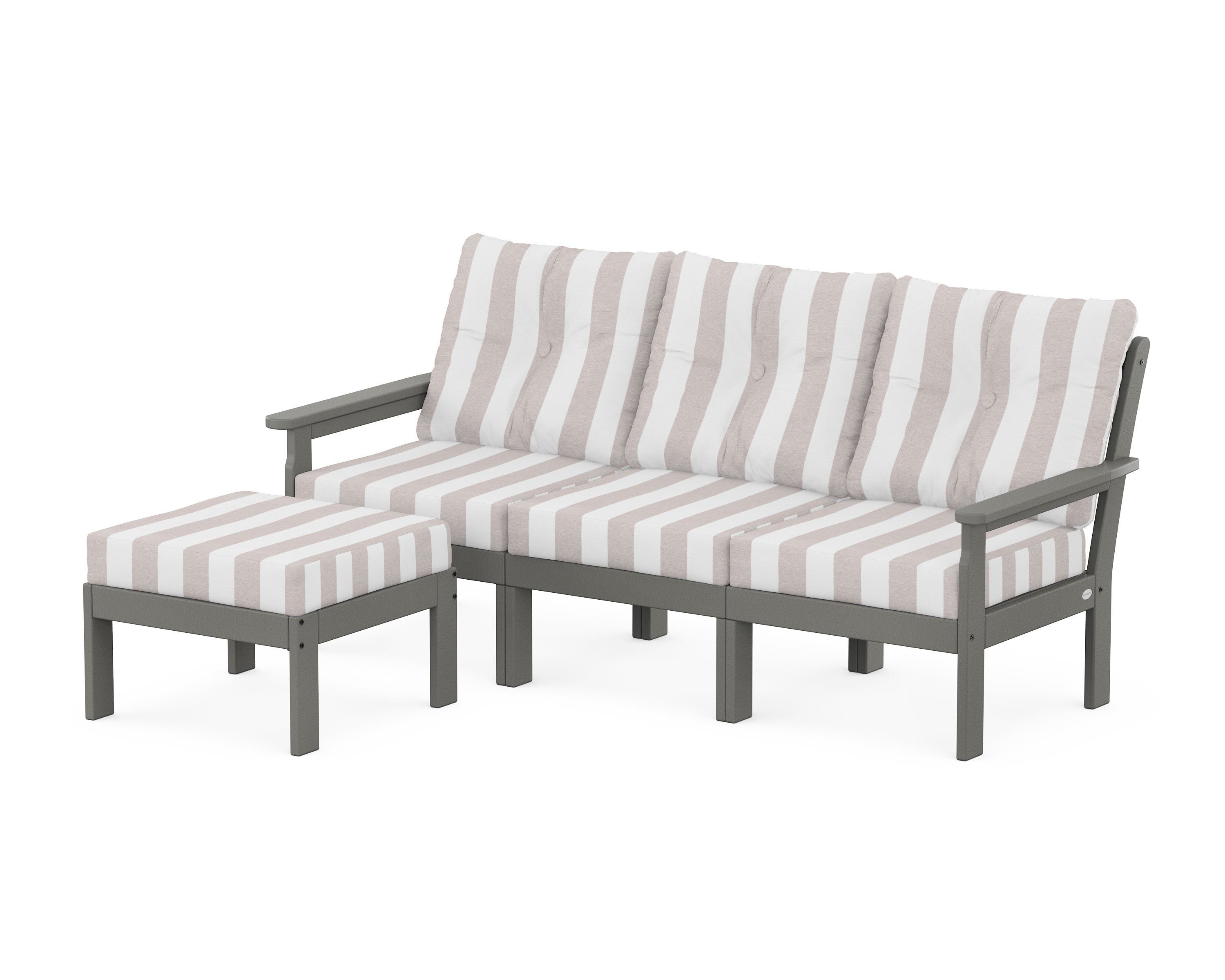 POLYWOOD® Vineyard 4-Piece Sectional with Ottoman in Slate Grey / Cabana Stripe Dune Burlap