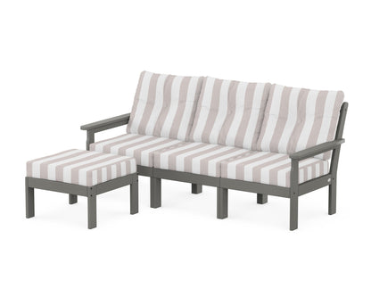 POLYWOOD® Vineyard 4-Piece Sectional with Ottoman in Slate Grey / Cabana Stripe Dune Burlap