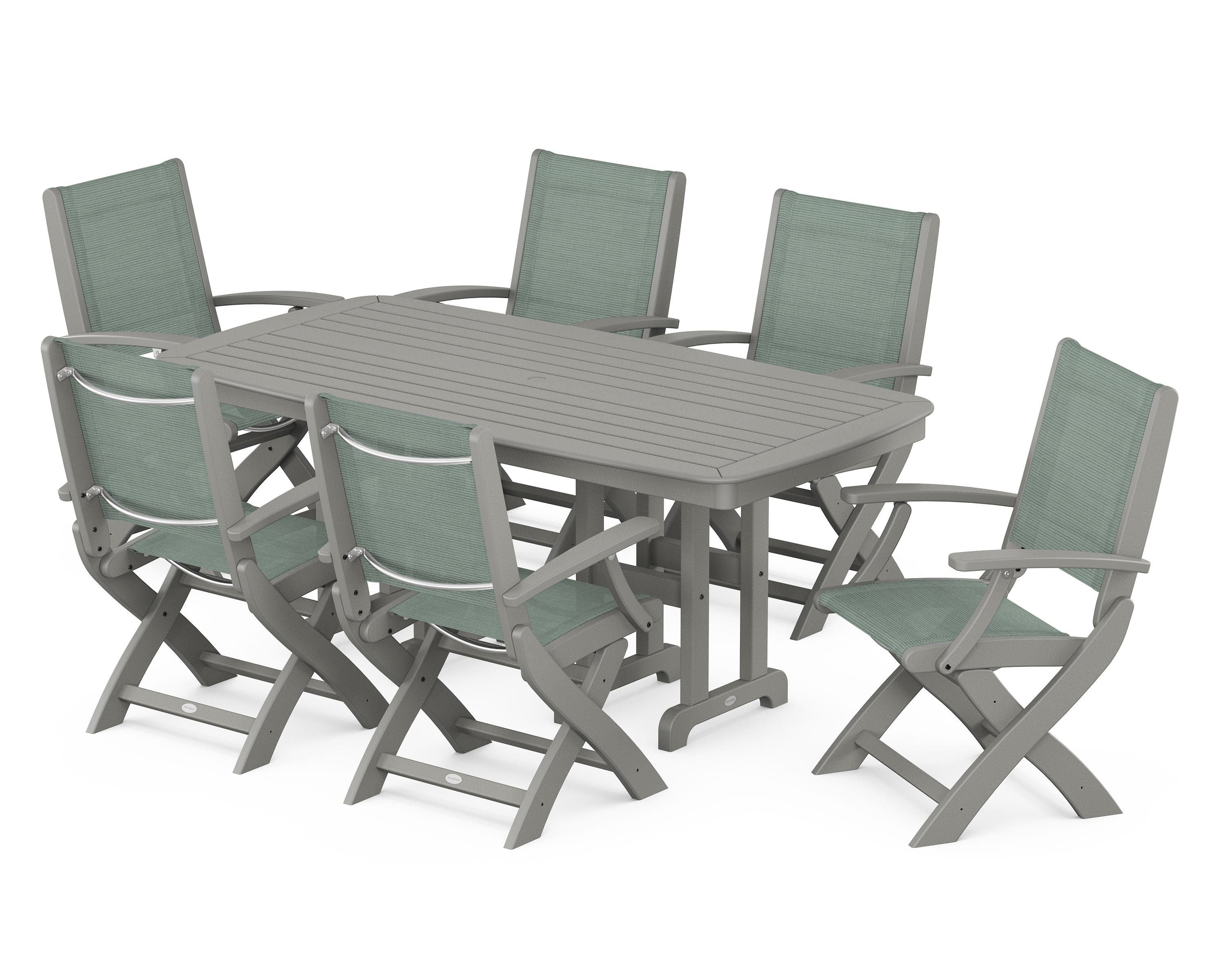 POLYWOOD® Coastal Folding Arm Chair 7-Piece Dining Set in Slate Grey / Dupioni Sea Mist Sling