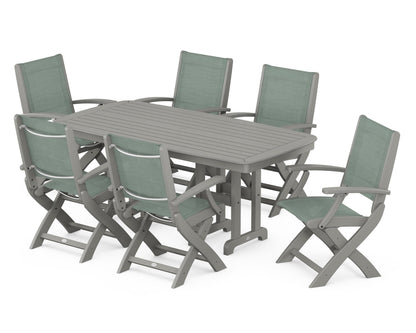 POLYWOOD® Coastal Folding Arm Chair 7-Piece Dining Set in Slate Grey / Dupioni Sea Mist Sling
