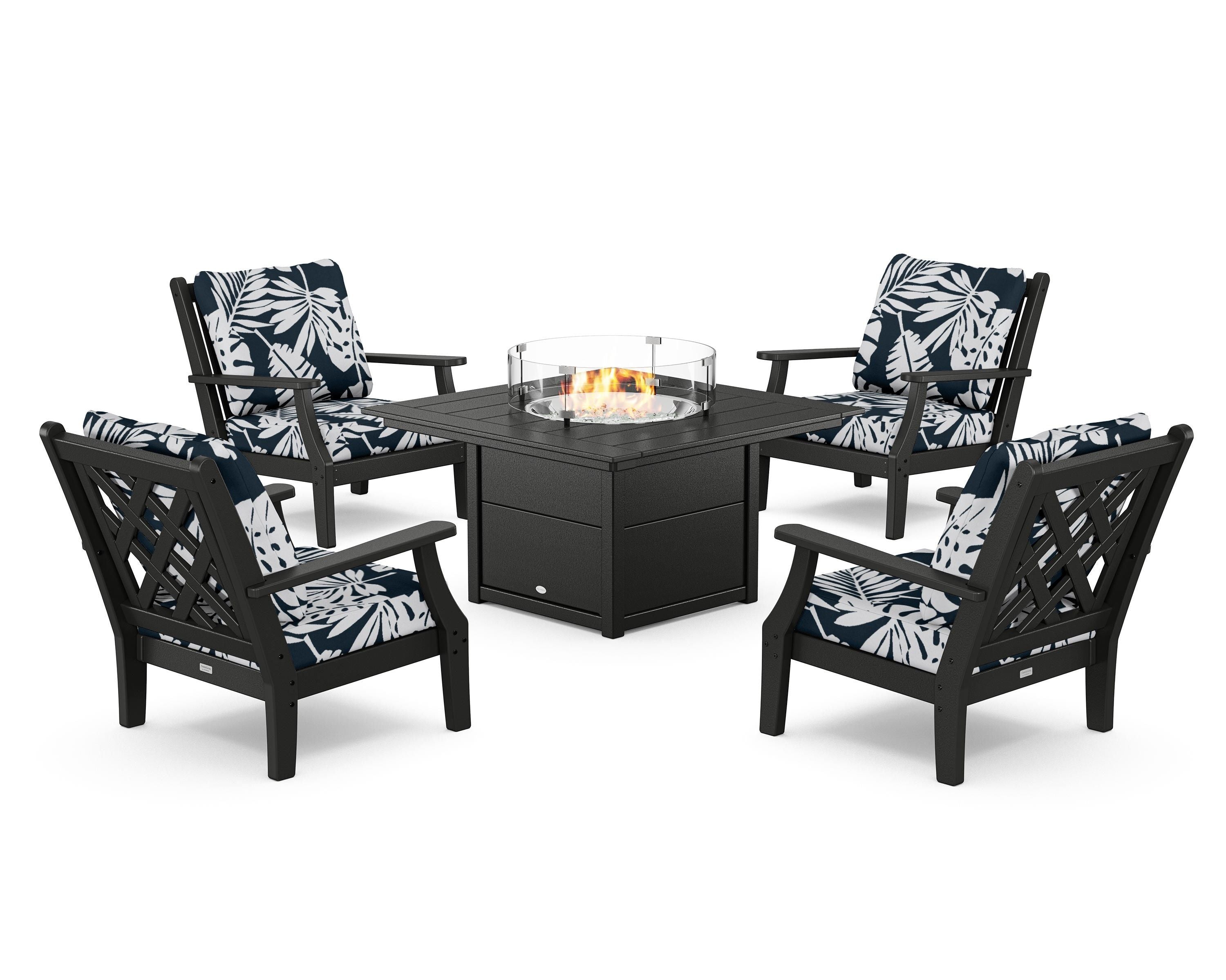 Country Living Wovendale 5-Piece Deep Seating Set with Fire Pit Table in Black / Leaf Marine Indigo