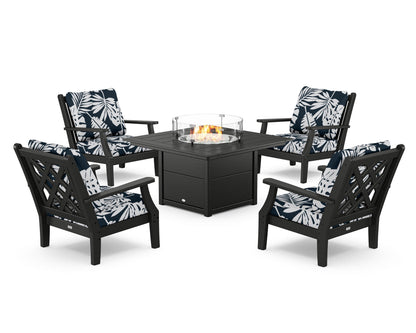 Country Living Wovendale 5-Piece Deep Seating Set with Fire Pit Table in Black / Leaf Marine Indigo