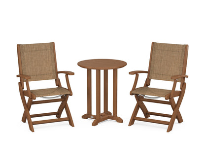 POLYWOOD® Coastal Folding 3-Piece Round Bistro Dining Set in Teak / Burlap Sling