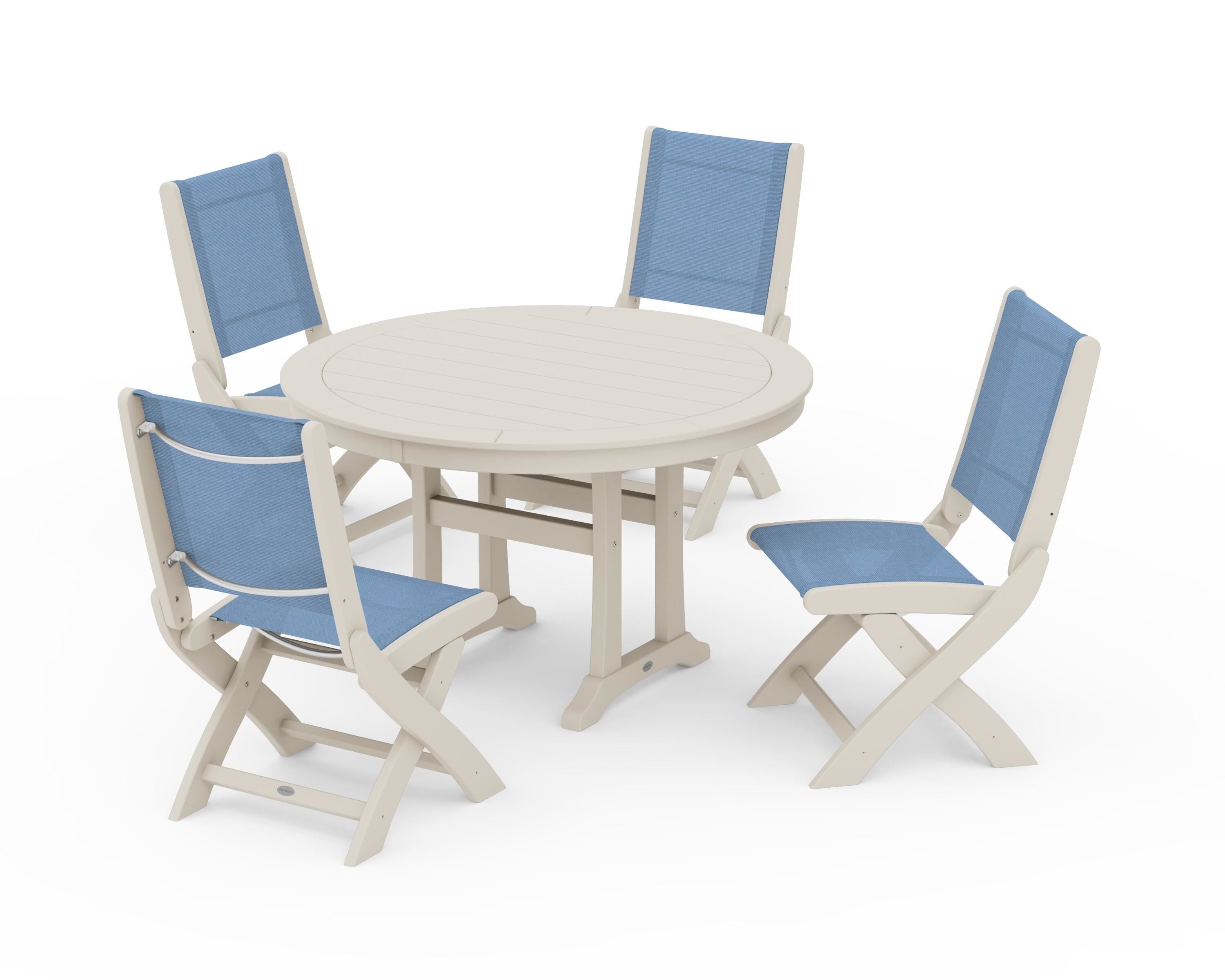 POLYWOOD® Coastal Folding Side Chair 5-Piece Round Dining Set With Trestle Legs in Sand / Poolside Sling