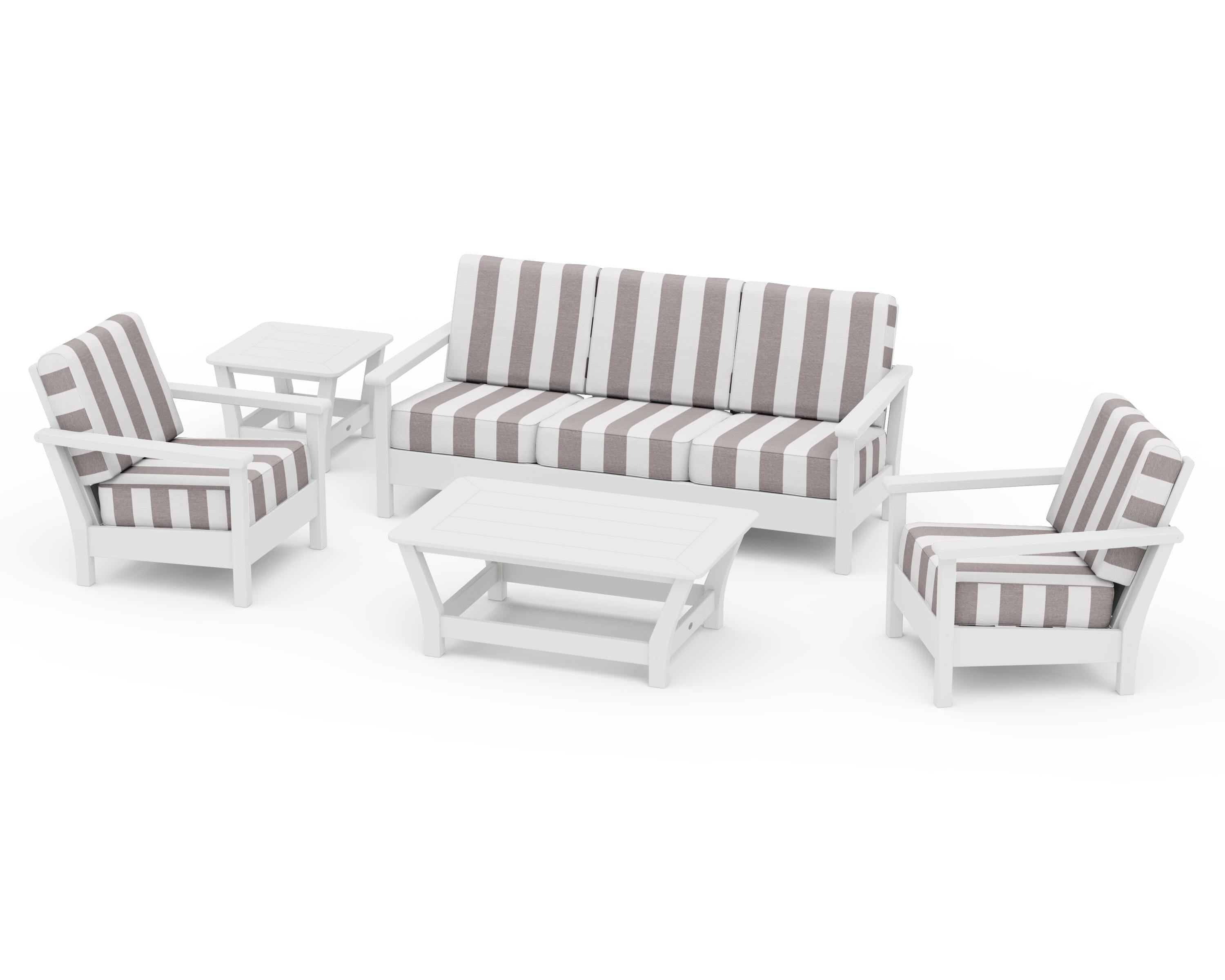 POLYWOOD® Harbour 5-Piece Deep Seating Set in White / Cabana Stripe Grey Mist