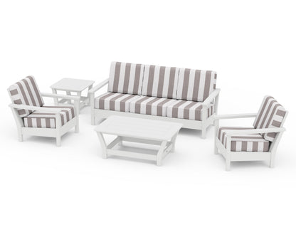 POLYWOOD® Harbour 5-Piece Deep Seating Set in White / Cabana Stripe Grey Mist