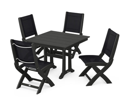 POLYWOOD® Coastal Folding Side Chair 5-Piece Farmhouse Dining Set With Trestle Legs in Black / Black Sling