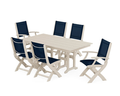 POLYWOOD® Coastal Folding Chair 7-Piece Farmhouse Dining Set in Sand / Navy Blue Sling