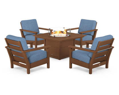 POLYWOOD® Harbour 5-Piece Conversation Set with Fire Pit Table in Teak / Sky Blue