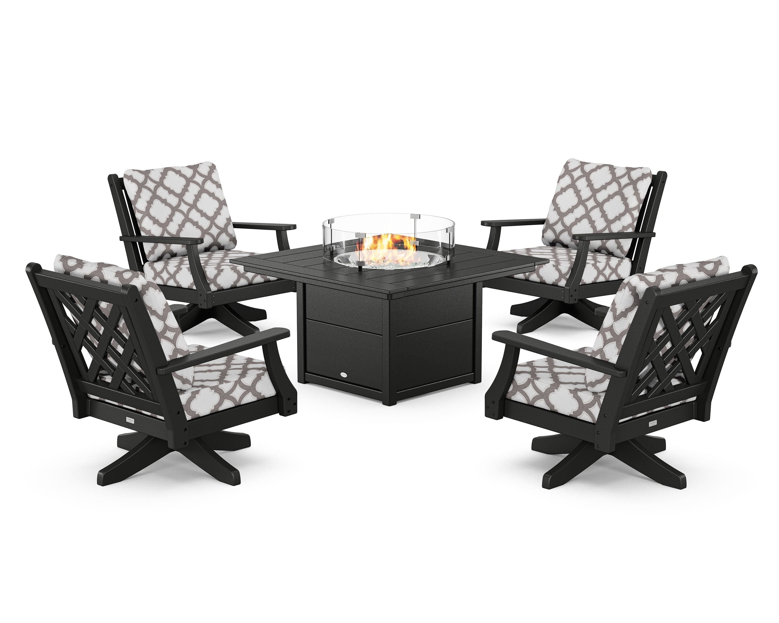 Country Living Wovendale 5-Piece Deep Seating Swivel Conversation Set with Fire Pit Table in Black / Trellis Grey Mist