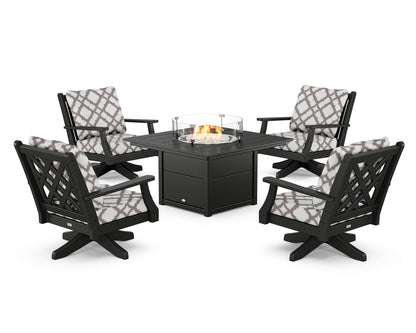 Country Living Wovendale 5-Piece Deep Seating Swivel Conversation Set with Fire Pit Table in Black / Trellis Grey Mist