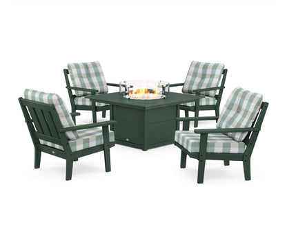 POLYWOOD® Oxford 5-Piece Deep Seating Set with Fire Pit Table in Green / Buffalo Plaid Glacier Spa