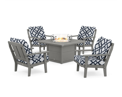 POLYWOOD® Mission 5-Piece Deep Seating Set with Fire Pit Table in Slate Grey / Trellis Marine Indigo