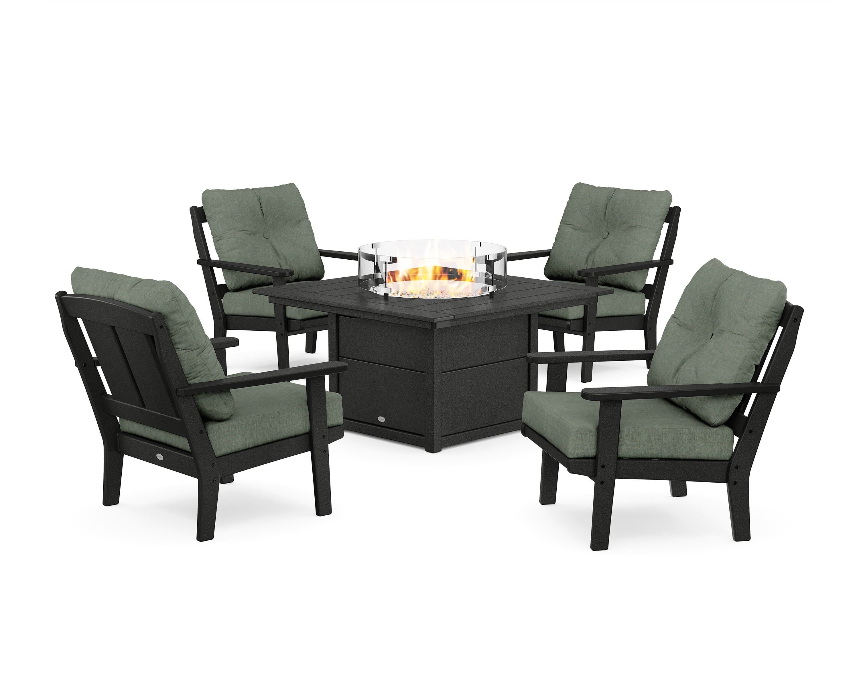 POLYWOOD® Mission 5-Piece Deep Seating Set with Fire Pit Table in Black / Cast Sage
