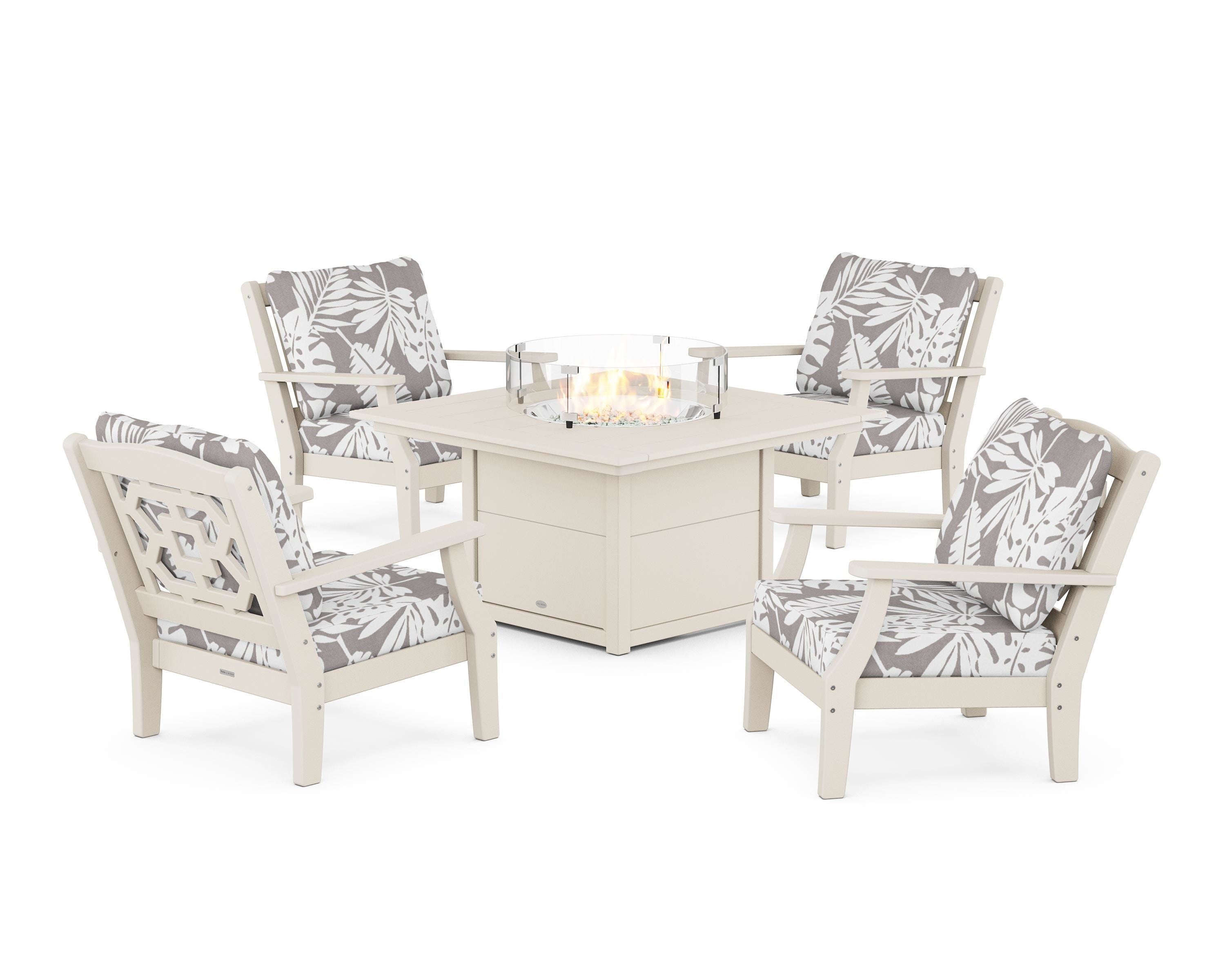 Martha Stewart by POLYWOOD® Chinoiserie 5-Piece Deep Seating Set with Fire Pit Table in Sand / Leaf Grey Mist
