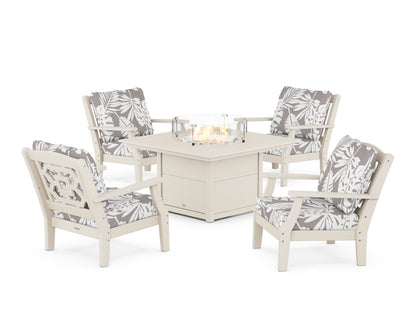 Martha Stewart by POLYWOOD® Chinoiserie 5-Piece Deep Seating Set with Fire Pit Table in Sand / Leaf Grey Mist