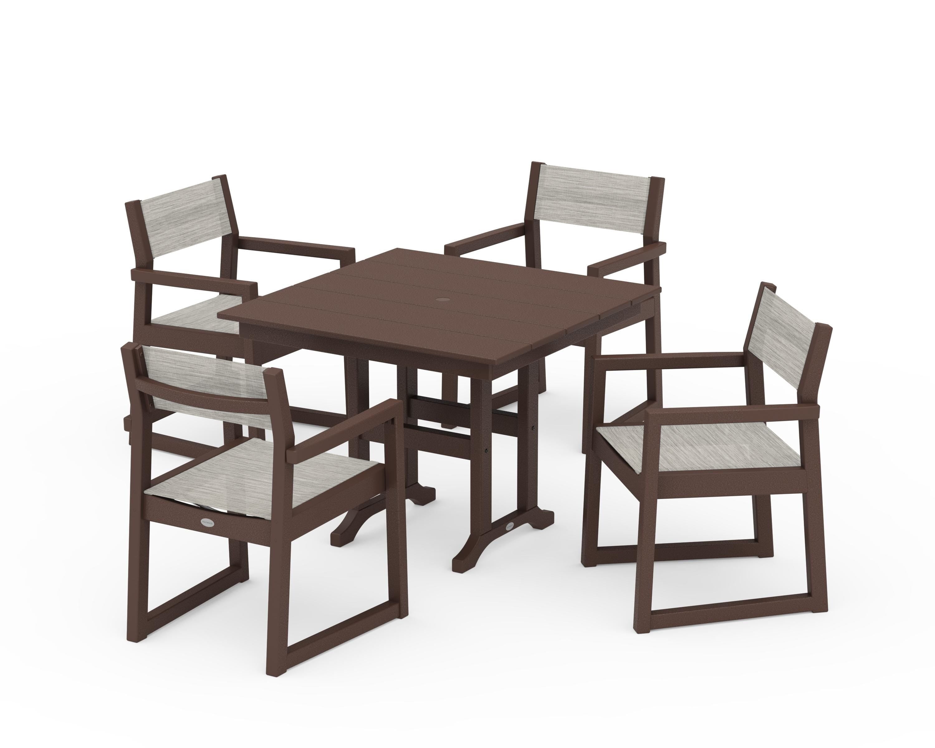 POLYWOOD® EDGE Sling Arm Chair 5-Piece Farmhouse Dining Set in Mahogany / Birch Sling