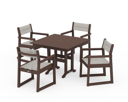 POLYWOOD® EDGE Sling Arm Chair 5-Piece Farmhouse Dining Set in Mahogany / Birch Sling