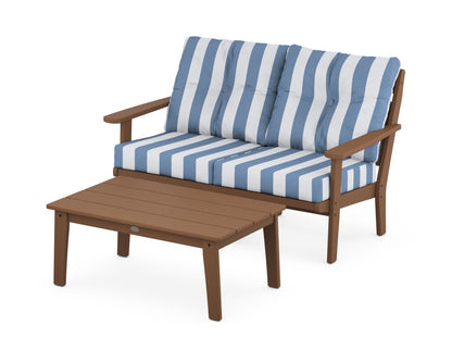 POLYWOOD® Lakeside 2-Piece Lounge Loveseat Set in Teak / Cabana Stripe Sky Blue