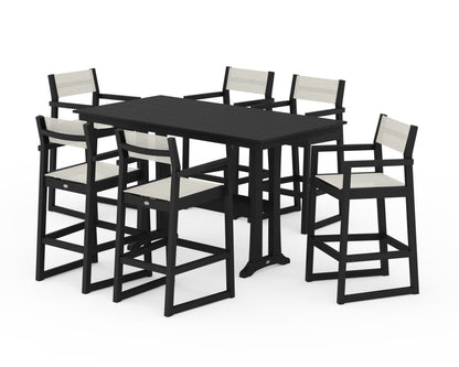 POLYWOOD® EDGE Sling Arm Chair 7-Piece Farmhouse Bar Set with Trestle Legs in Black / Parchment Sling