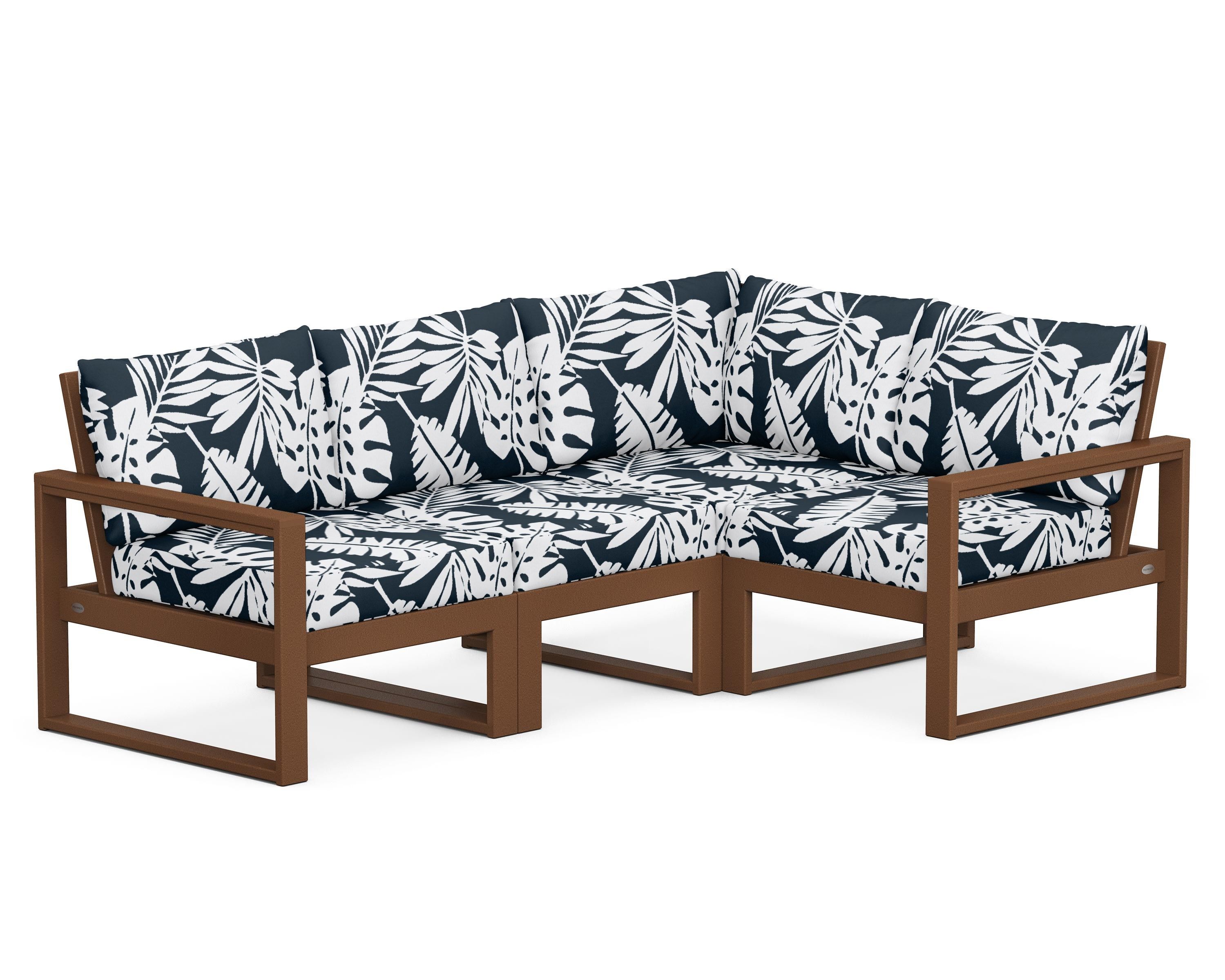 POLYWOOD® EDGE 4-Piece Modular Deep Seating Set in Teak / Leaf Marine Indigo