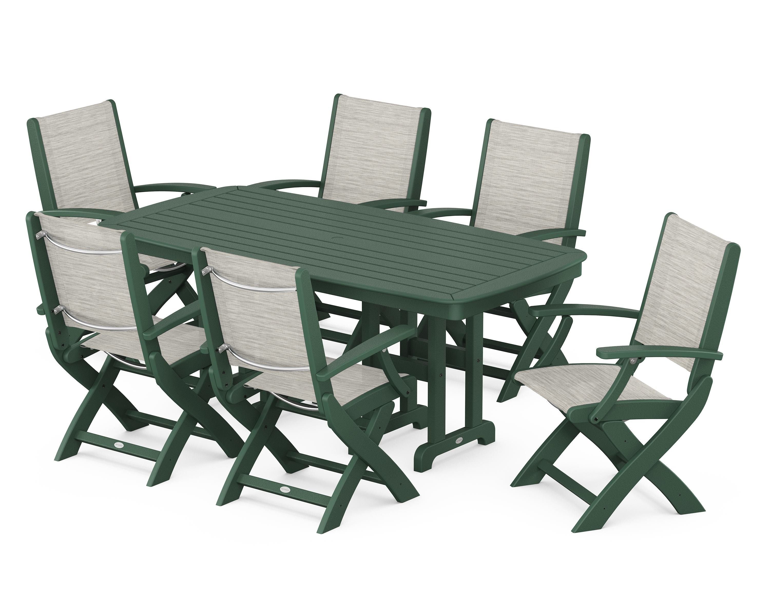 POLYWOOD® Coastal Folding Arm Chair 7-Piece Dining Set in Green / Birch Sling
