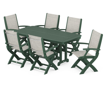 POLYWOOD® Coastal Folding Arm Chair 7-Piece Dining Set in Green / Birch Sling