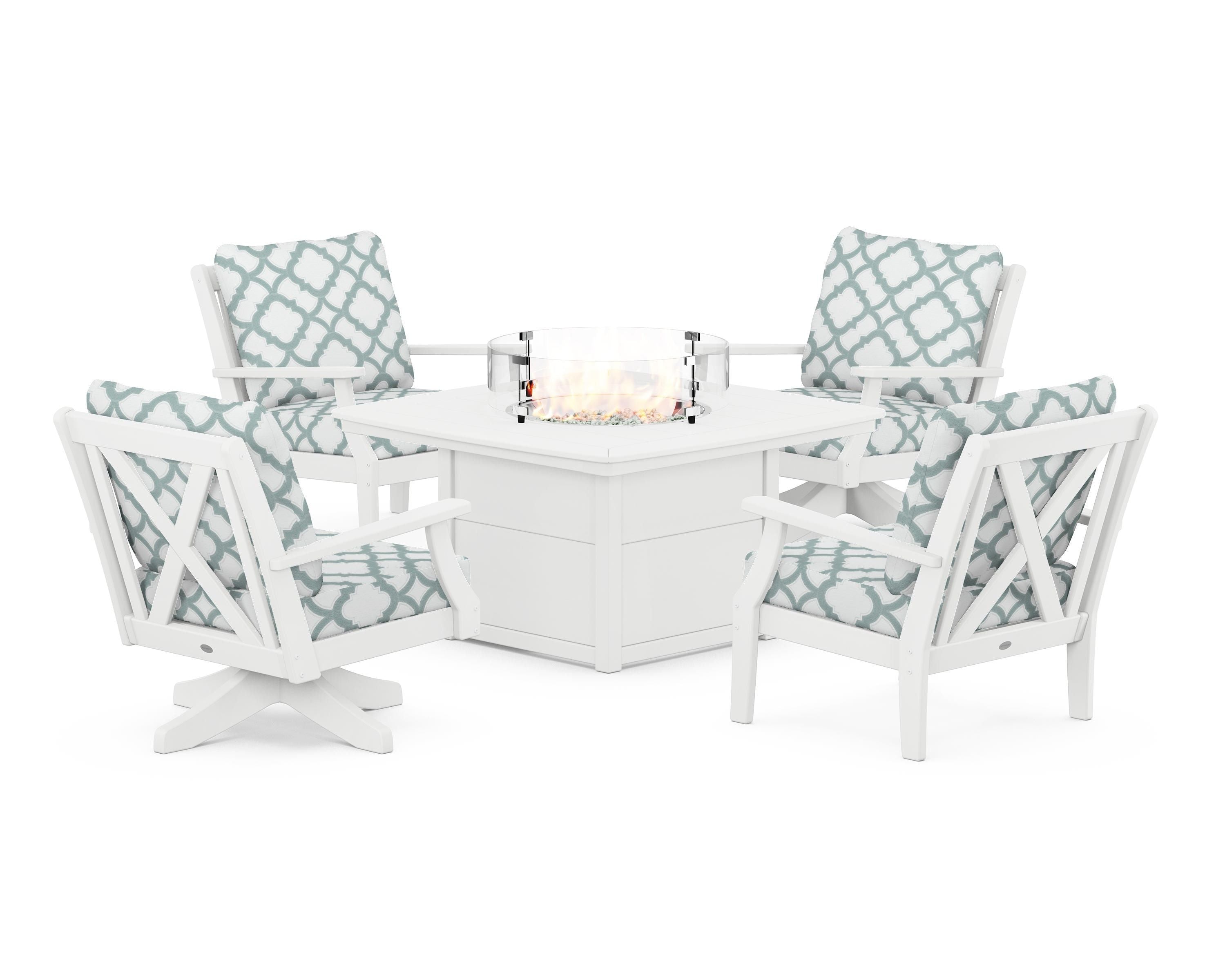 POLYWOOD® Braxton 5-Piece Deep Seating Set with Fire Table in White / Trellis Glacier Spa