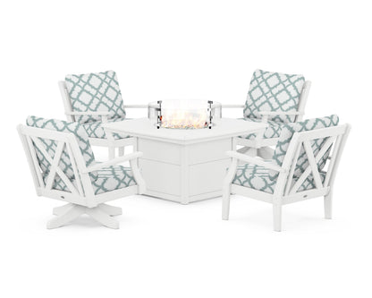 POLYWOOD® Braxton 5-Piece Deep Seating Set with Fire Table in White / Trellis Glacier Spa