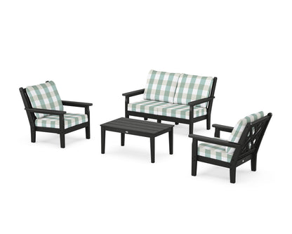 POLYWOOD® Chippendale 4-Piece Deep Seating Set with Loveseat in Black / Buffalo Plaid Glacier Spa