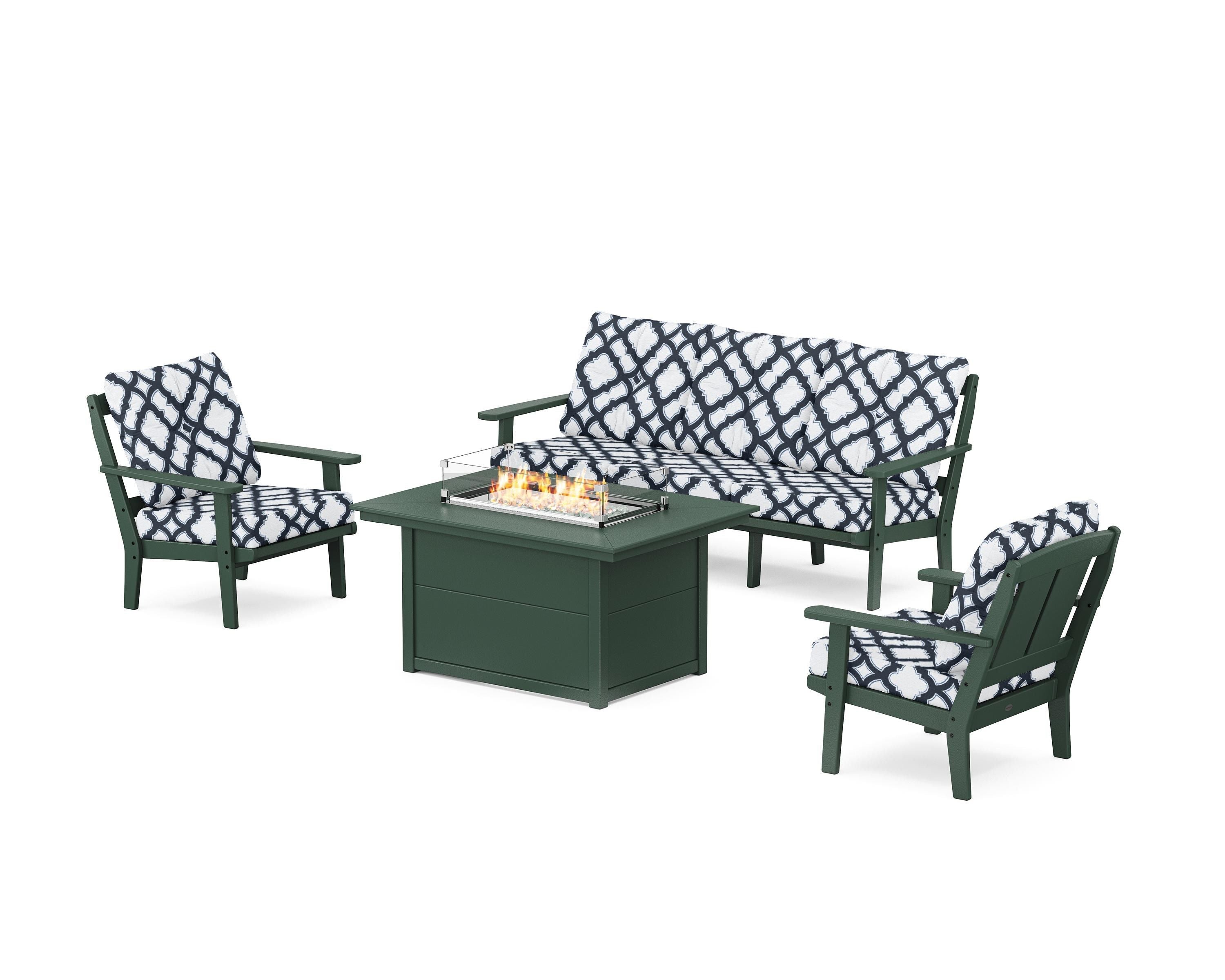 POLYWOOD® Mission Deep Seating Fire Pit Table Set in Green / Trellis Marine Indigo