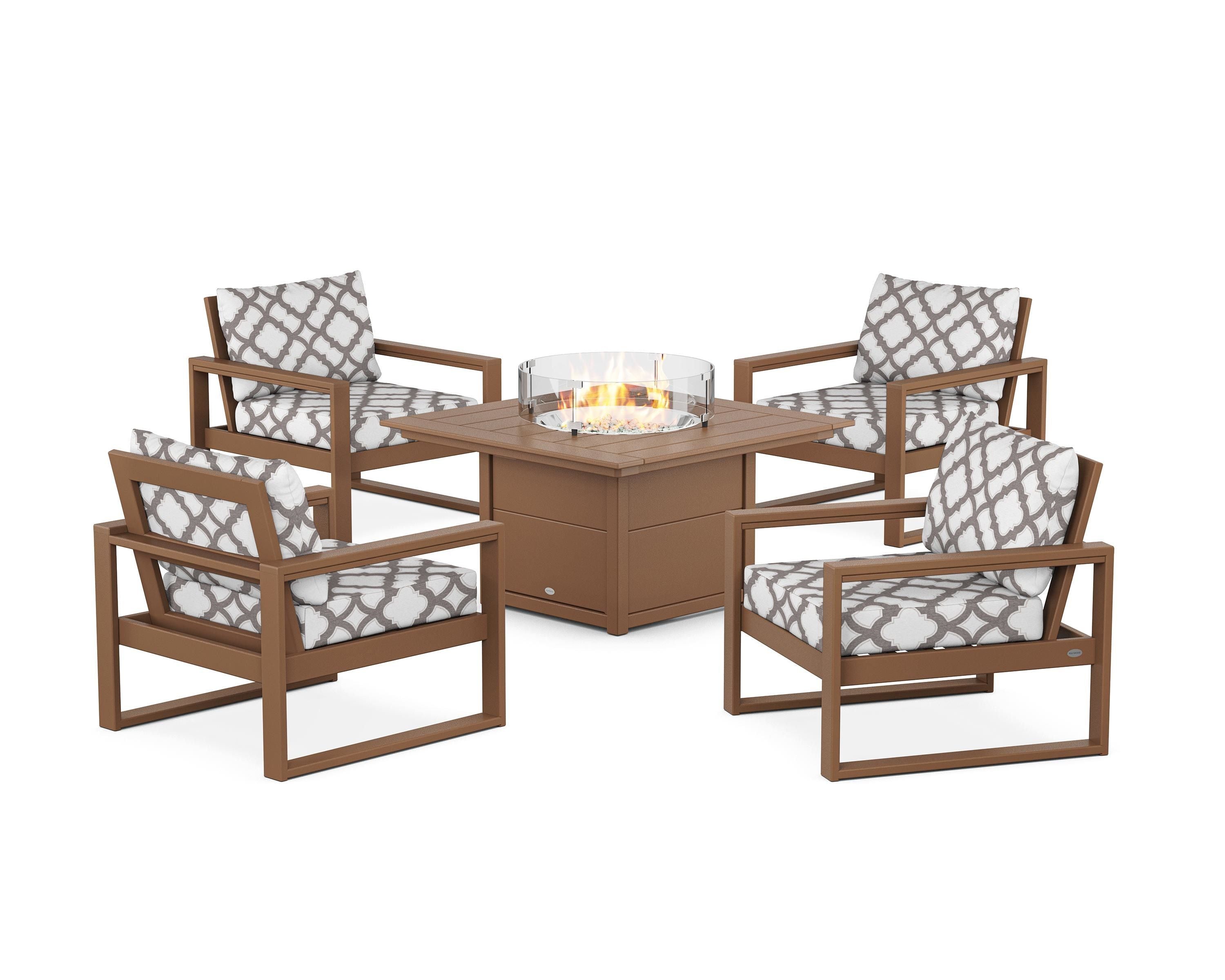 POLYWOOD® EDGE Sectional 5-Piece Deep Seating Set with Fire Pit Table in Teak / Trellis Grey Mist