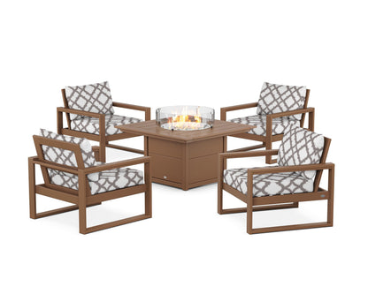 POLYWOOD® EDGE Sectional 5-Piece Deep Seating Set with Fire Pit Table in Teak / Trellis Grey Mist