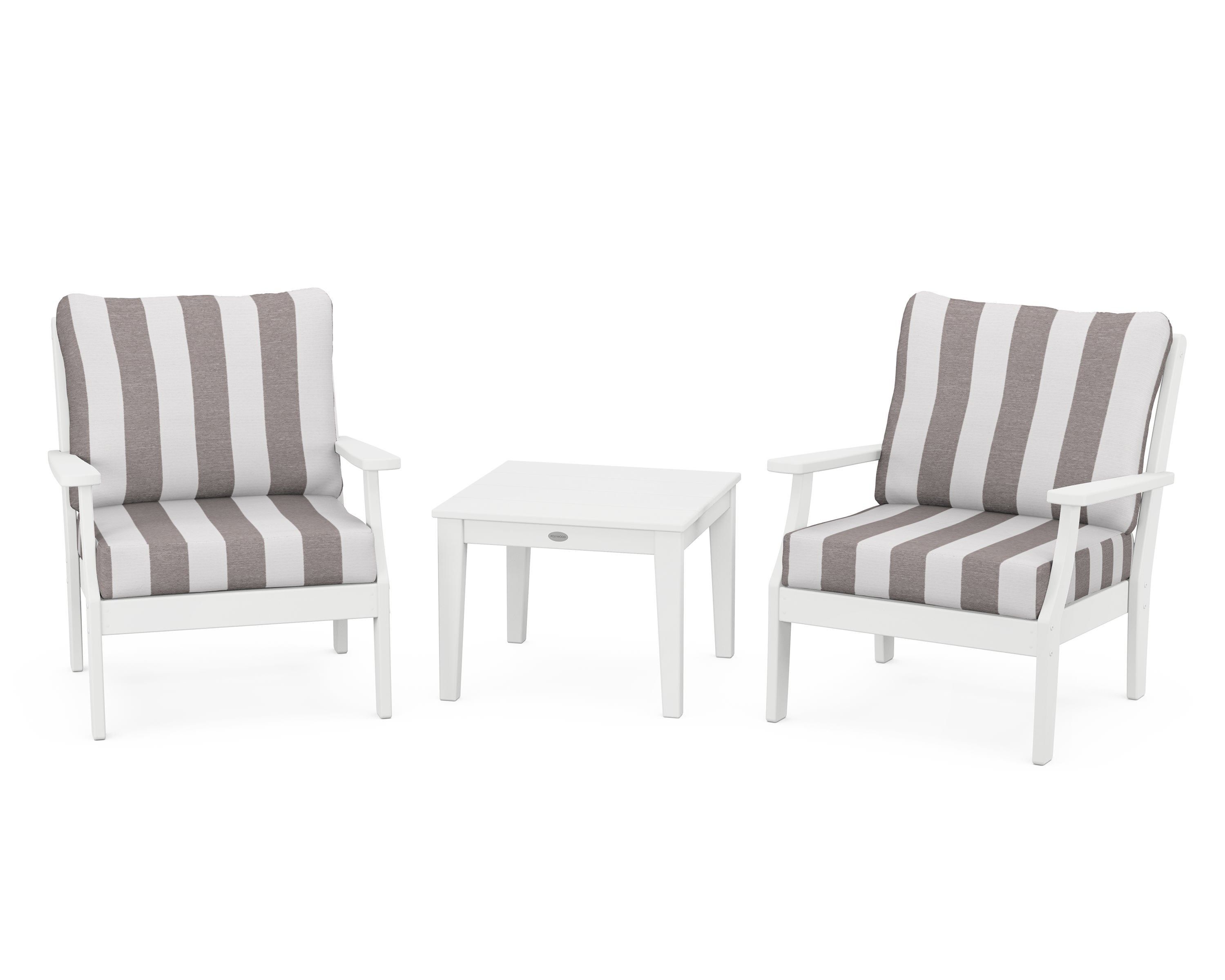 POLYWOOD® Braxton 3-Piece Deep Seating Set in White / Cabana Stripe Grey Mist