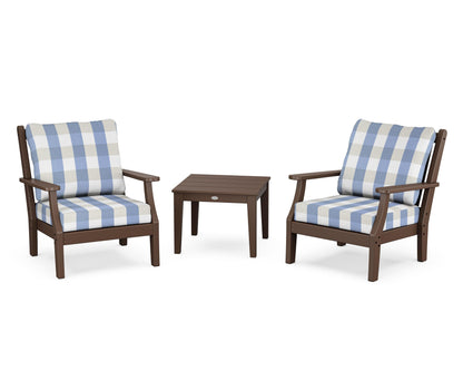 Country Living Wovendale 3-Piece Deep Seating Set in Mahogany / Buffalo Plaid Sky Blue