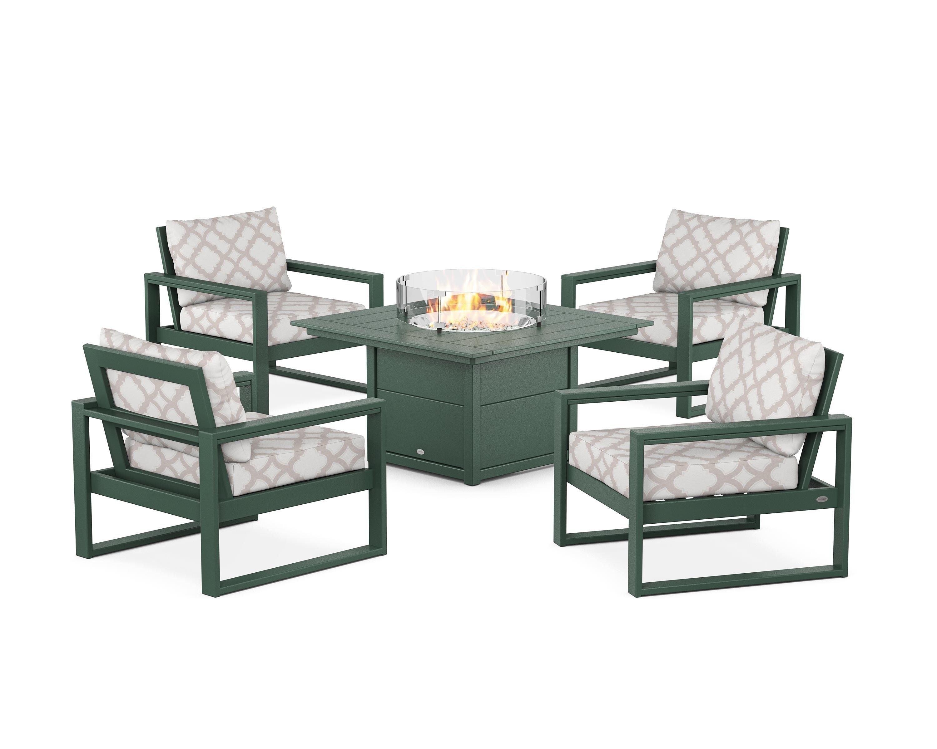 POLYWOOD® EDGE Sectional 5-Piece Deep Seating Set with Fire Pit Table in Green / Trellis Dune Burlap