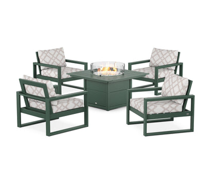 POLYWOOD® EDGE Sectional 5-Piece Deep Seating Set with Fire Pit Table in Green / Trellis Dune Burlap