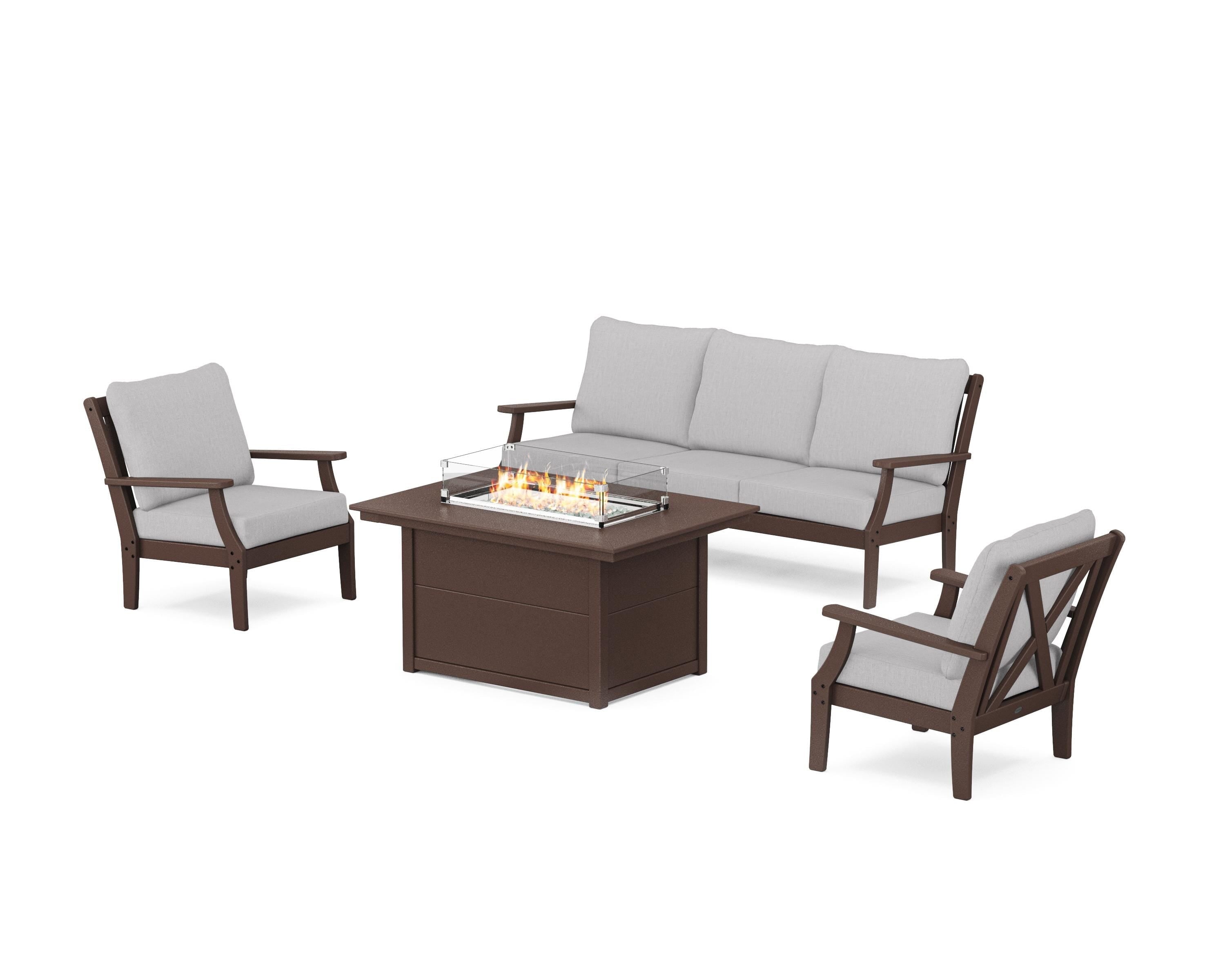 POLYWOOD® Braxton Deep Seating Fire Pit Table Set in Mahogany / Granite