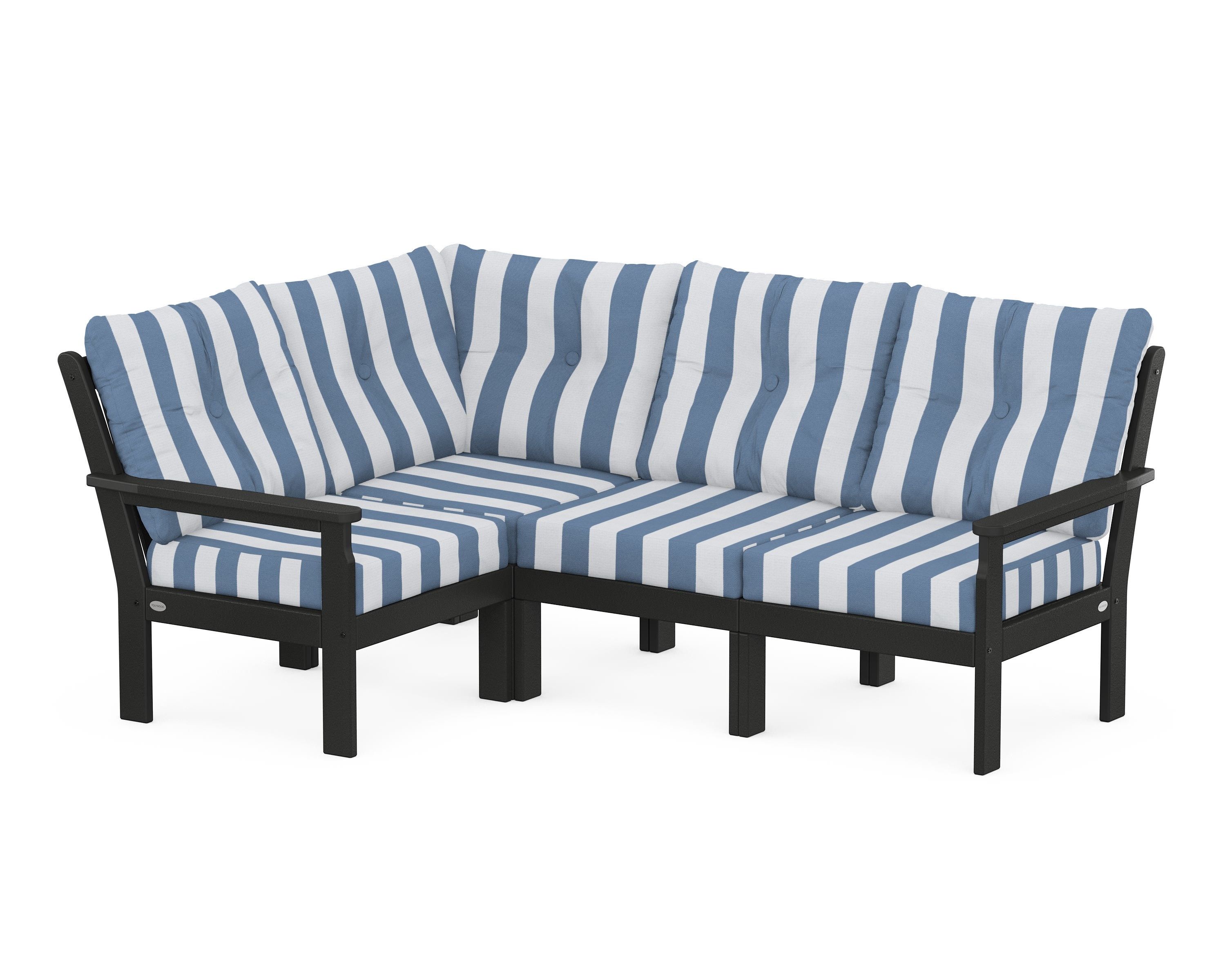 POLYWOOD® Vineyard 4-Piece Sectional in Black / Cabana Stripe Sky Blue
