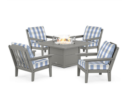 Country Living Cottage 5-Piece Deep Seating Set with Fire Pit Table in Slate Grey / Buffalo Plaid Sky Blue