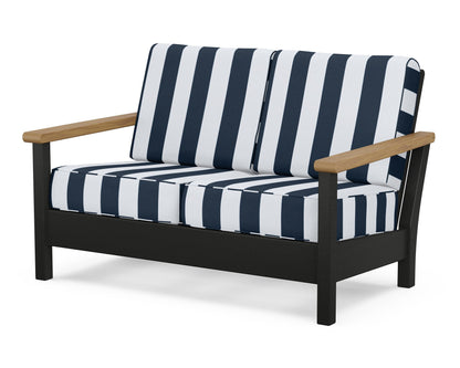 POLYWOOD® Harbour Deep Seating Loveseat in Black / Natural / Cabana Stripe Marine Indigo