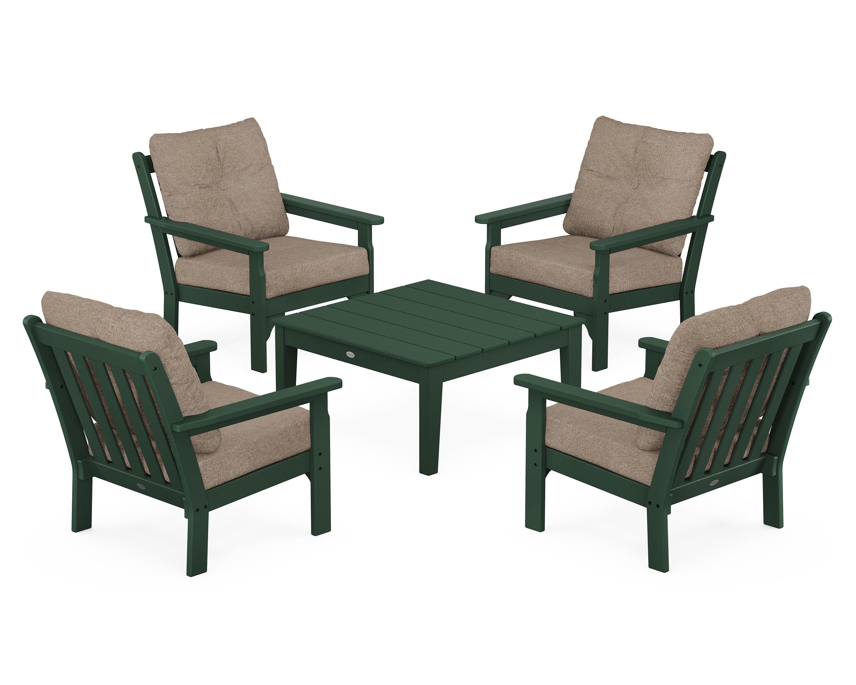 POLYWOOD® Vineyard 5-Piece Deep Seating Conversation Set in Green / Spiced Burlap