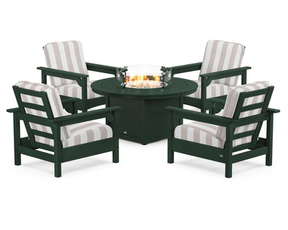 POLYWOOD® Club 5-Piece Conversation Set with Fire Pit Table in Green / Cabana Stripe Dune Burlap