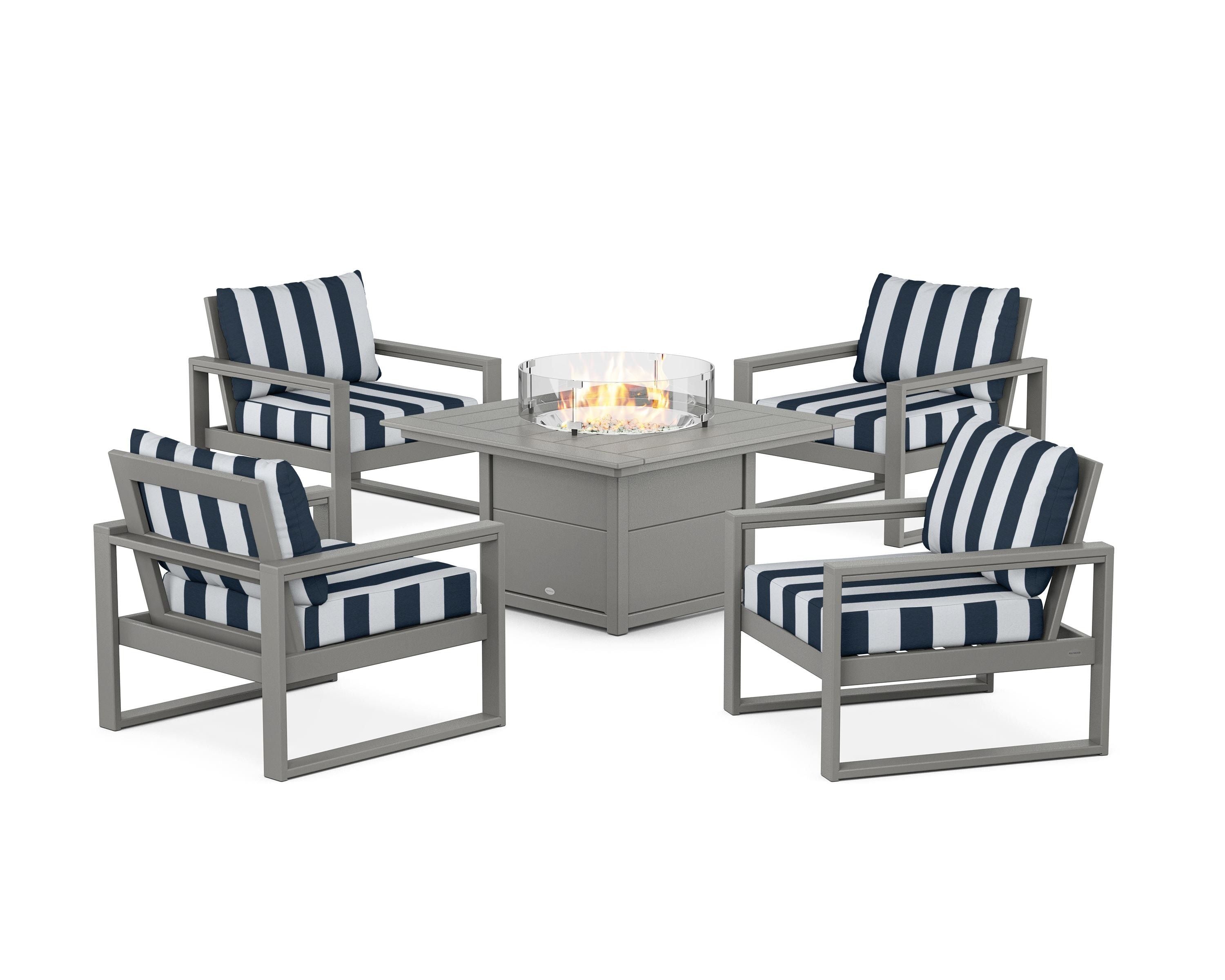 POLYWOOD® EDGE Sectional 5-Piece Deep Seating Set with Fire Pit Table in Slate Grey / Cabana Stripe Marine Indigo