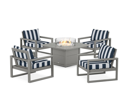 POLYWOOD® EDGE Sectional 5-Piece Deep Seating Set with Fire Pit Table in Slate Grey / Cabana Stripe Marine Indigo